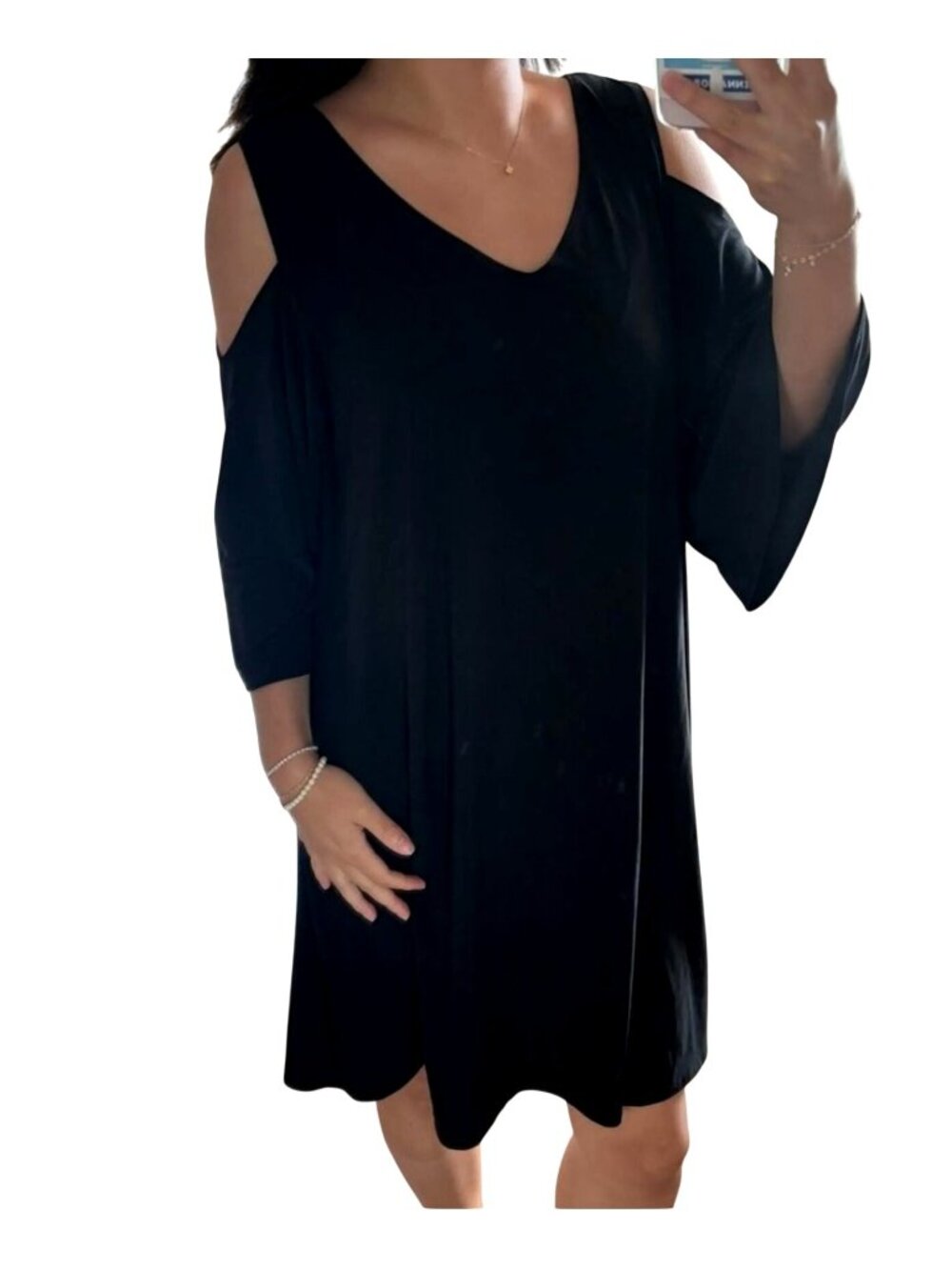 Tiana B Black Cold Shoulder V-Neck Stretch Swing Dress Size 2X Timeless Classic